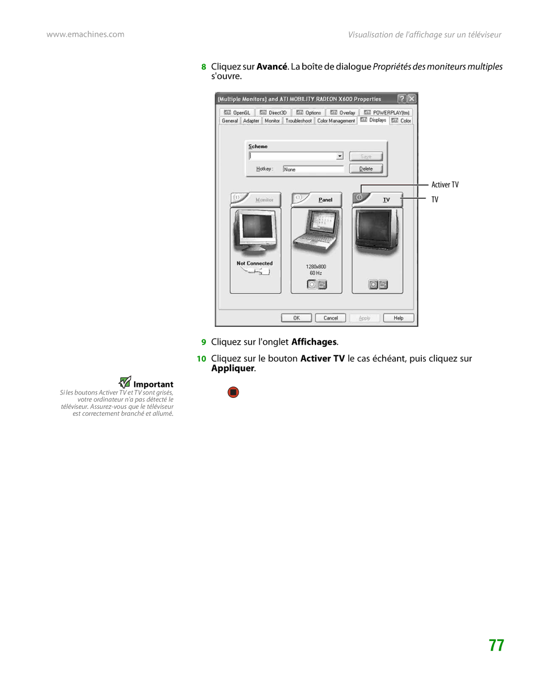 eMachines H3120 manual Activer TV 