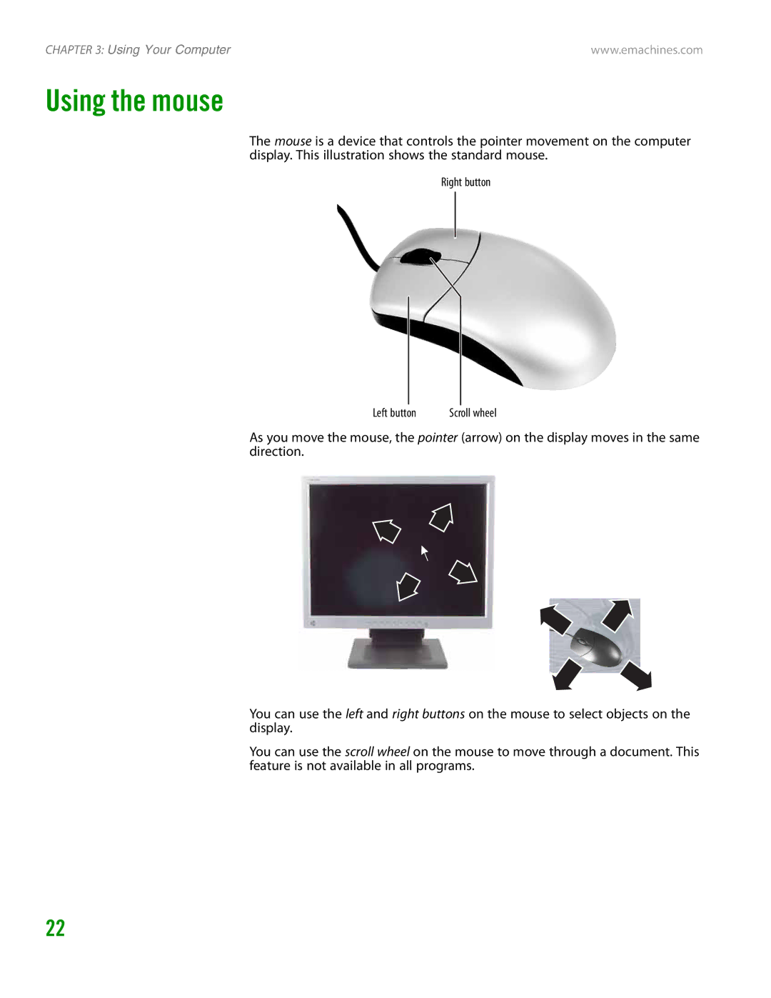 eMachines H3120 manual Using the mouse, Right button Left button 