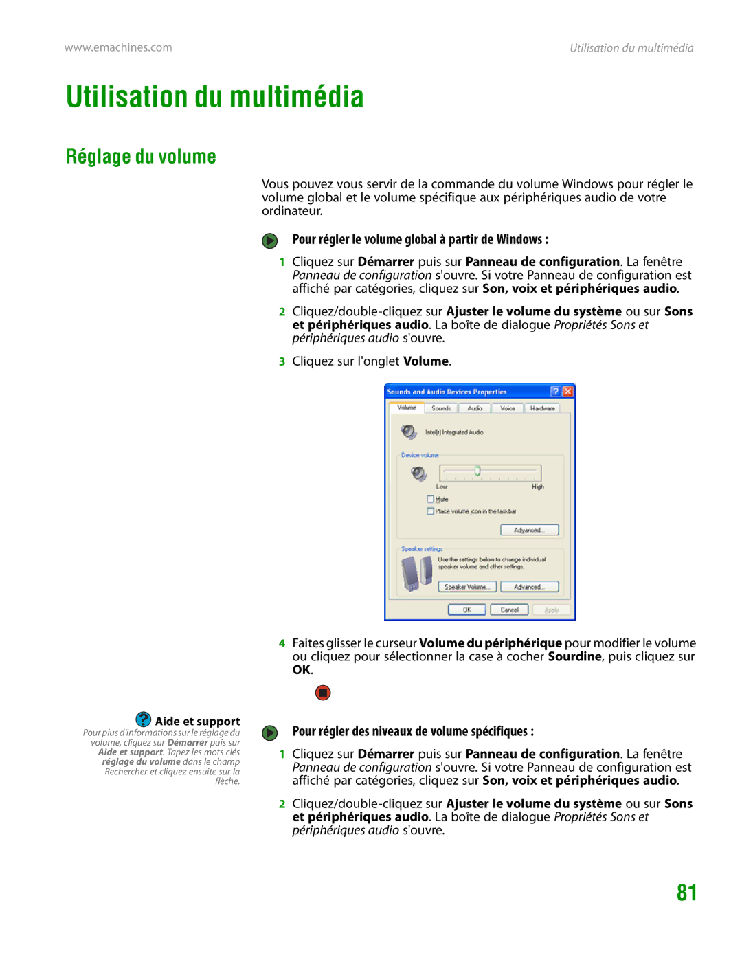 eMachines H3120 manual Utilisation du multimédia, Réglage du volume, Pour régler le volume global à partir de Windows 