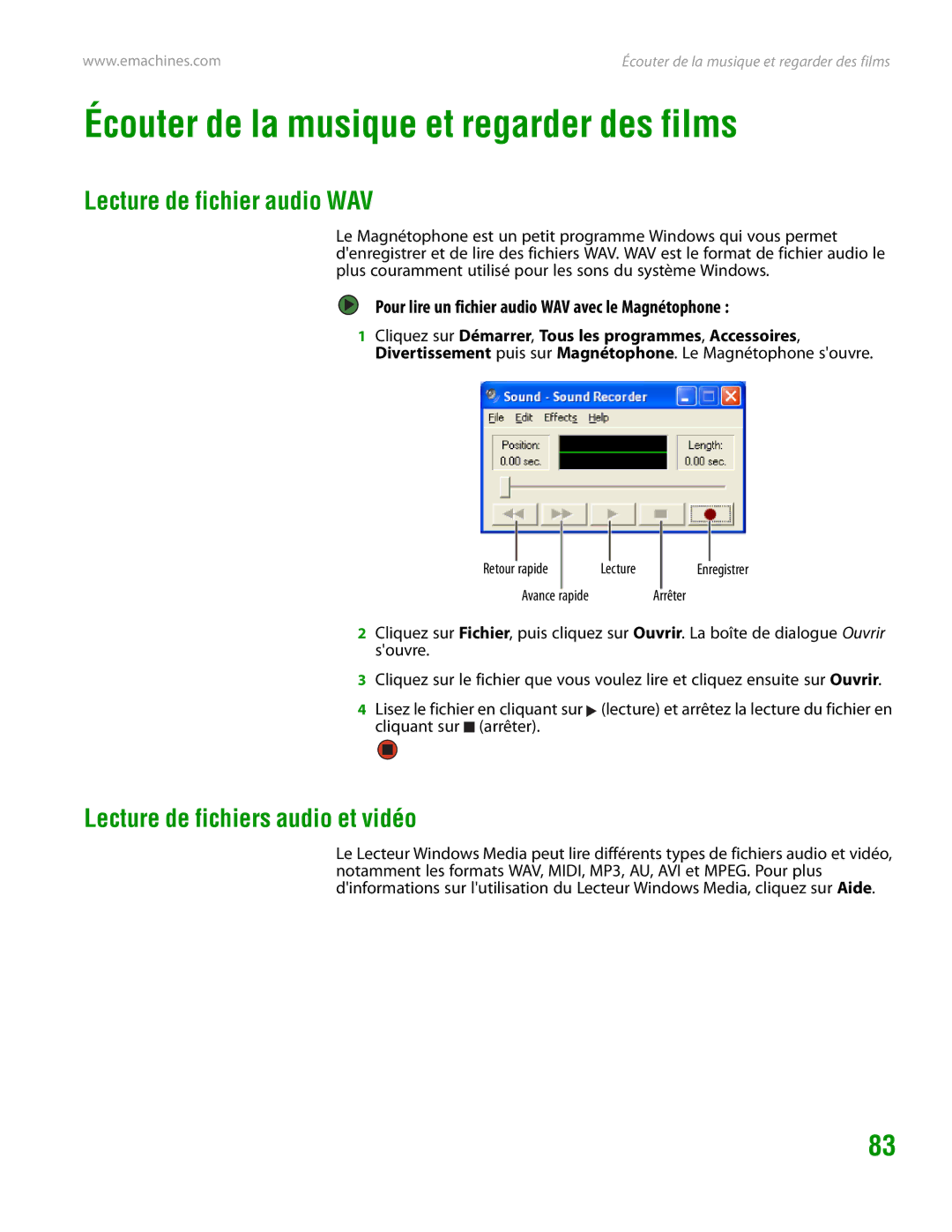 eMachines H3120 manual Écouter de la musique et regarder des films, Lecture de fichier audio WAV 