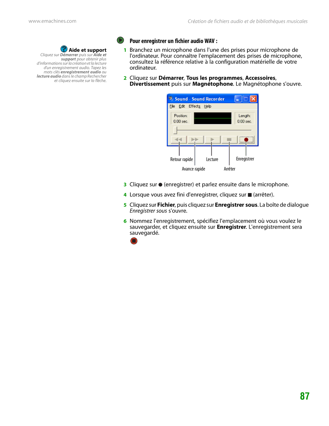 eMachines H3120 manual Pour enregistrer un fichier audio WAV, Retour rapide Lecture 