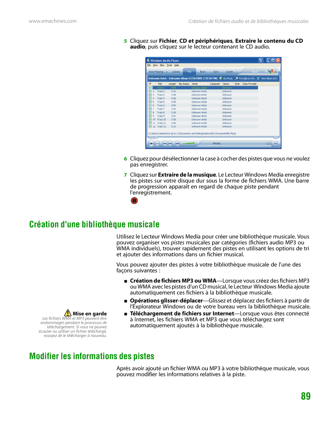 eMachines H3120 manual Création dune bibliothèque musicale, Modifier les informations des pistes 