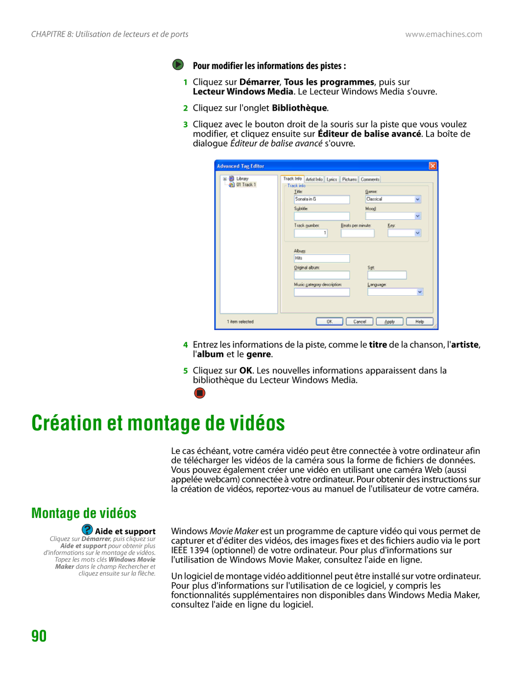 eMachines H3120 manual Création et montage de vidéos, Montage de vidéos, Pour modifier les informations des pistes 