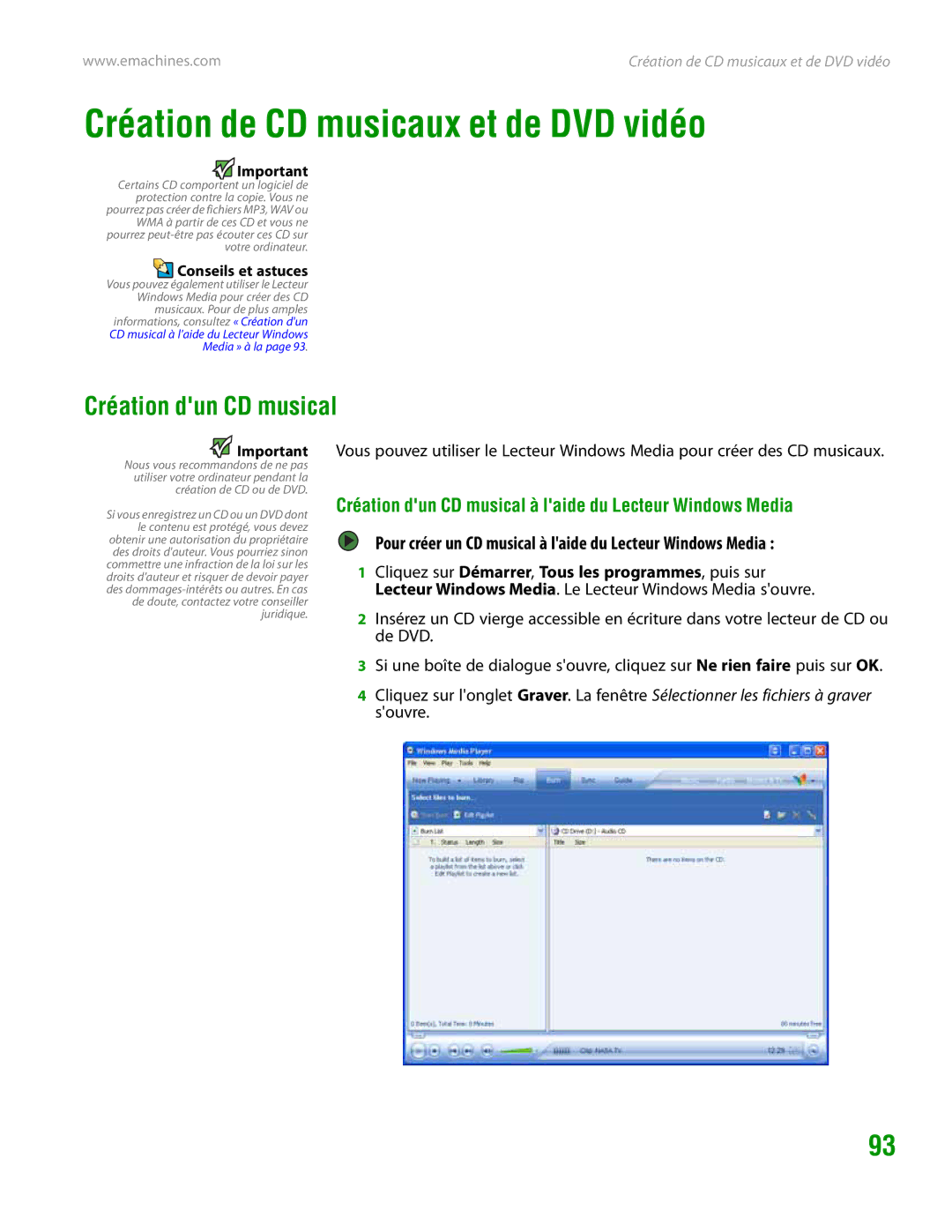 eMachines H3120 manual Création de CD musicaux et de DVD vidéo, Création dun CD musical 