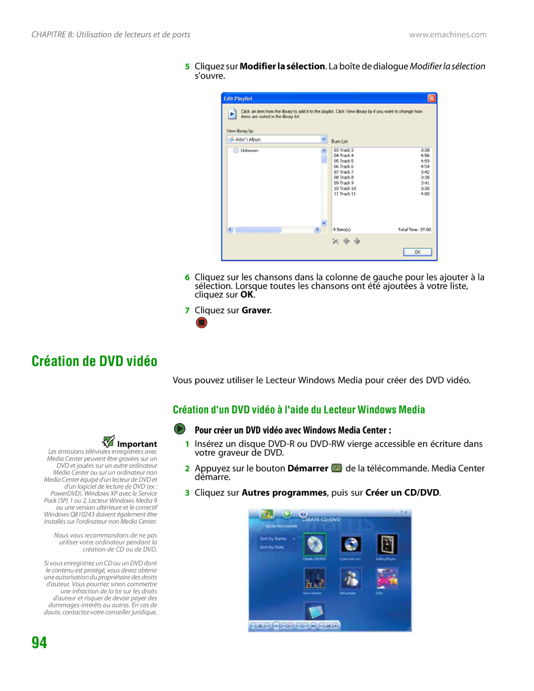 eMachines H3120 Création dun DVD vidéo à laide du Lecteur Windows Media, Pour créer un DVD vidéo avec Windows Media Center 