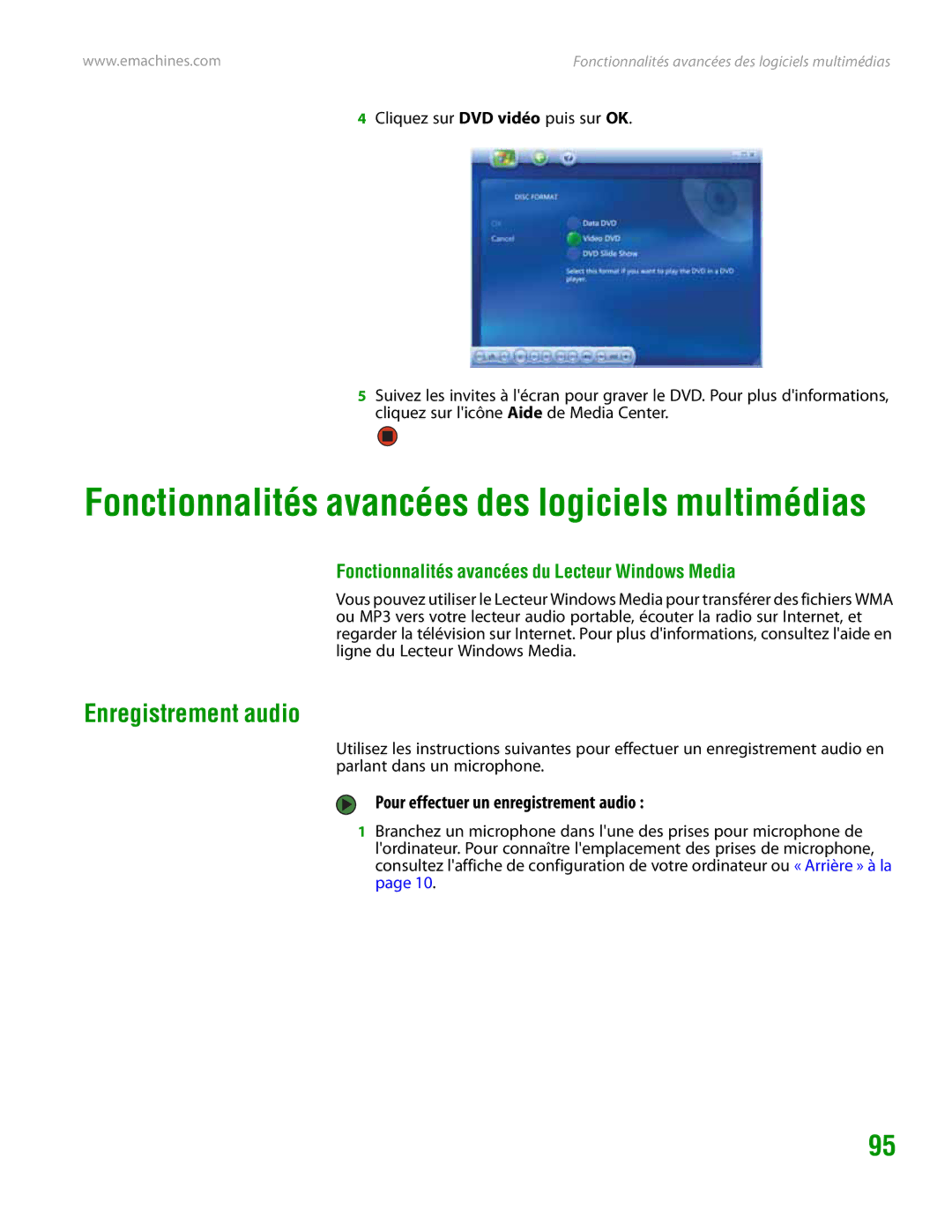 eMachines H3120 manual Enregistrement audio, Fonctionnalités avancées du Lecteur Windows Media 
