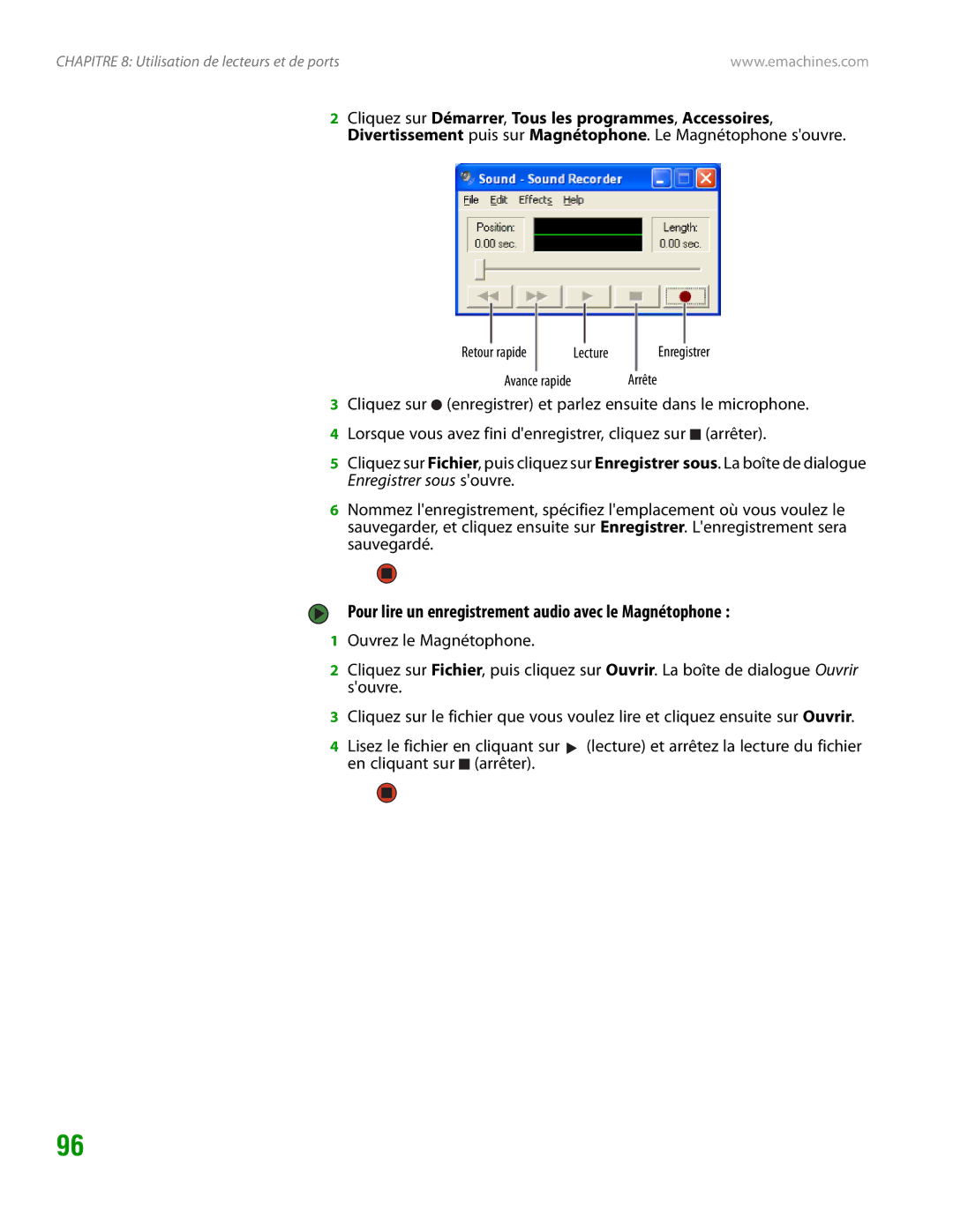 eMachines H3120 manual Pour lire un enregistrement audio avec le Magnétophone, Arrête 