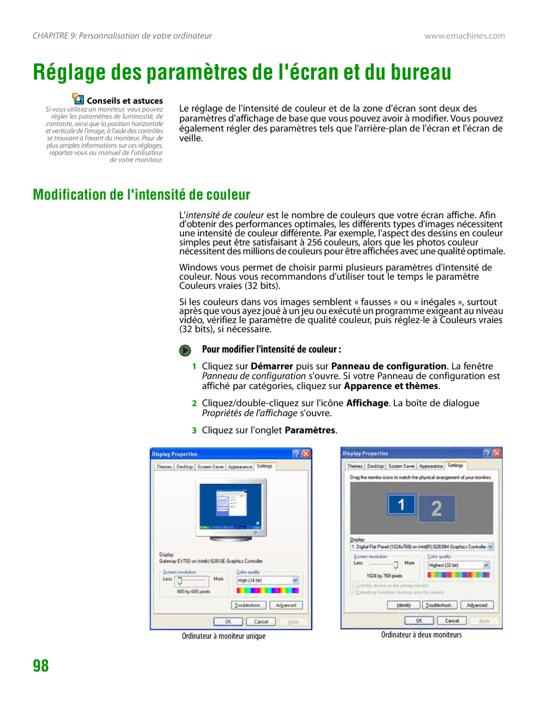 eMachines H3120 manual Réglage des paramètres de lécran et du bureau, Modification de lintensité de couleur 