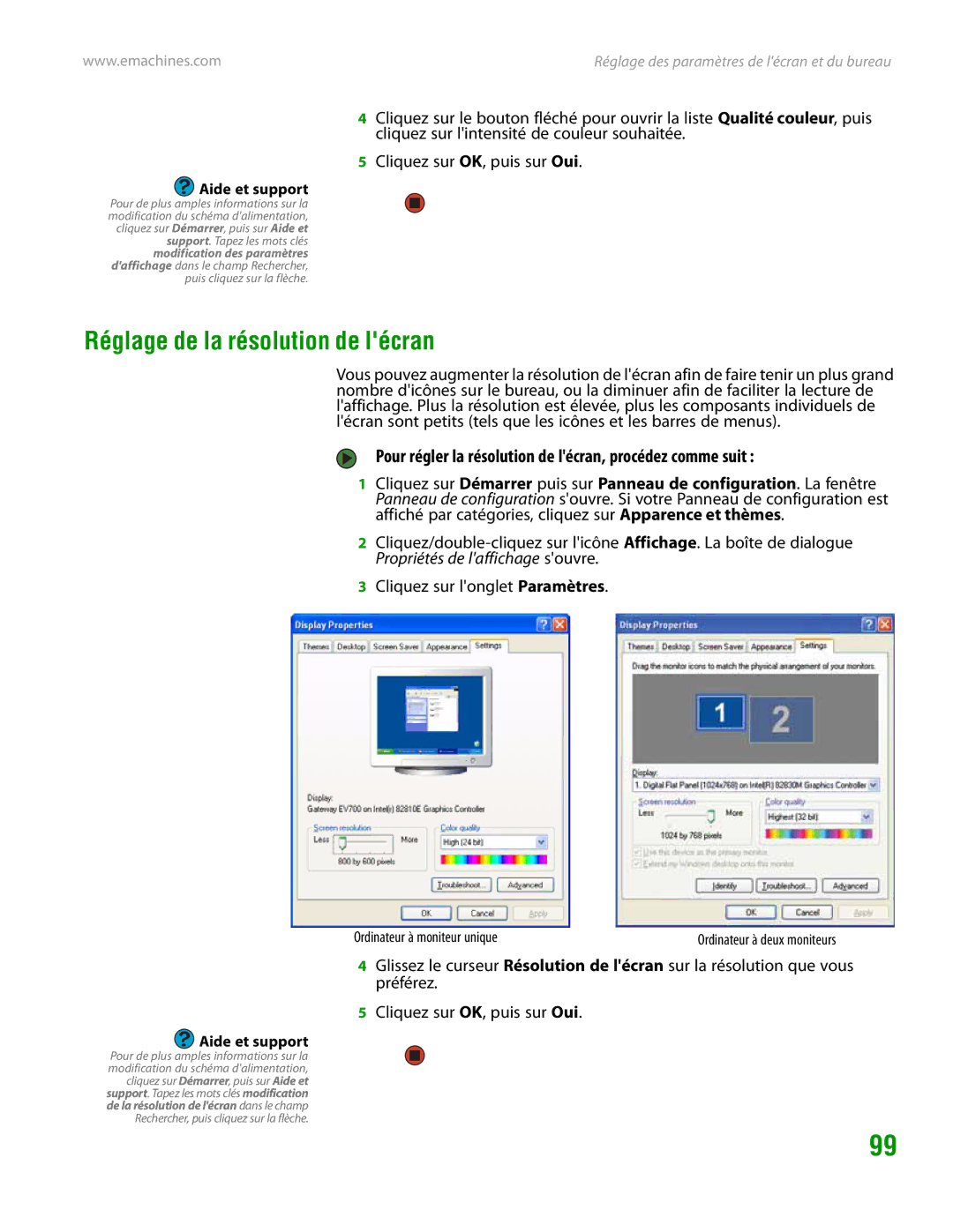 eMachines H3120 manual Réglage de la résolution de lécran, Pour régler la résolution de lécran, procédez comme suit 