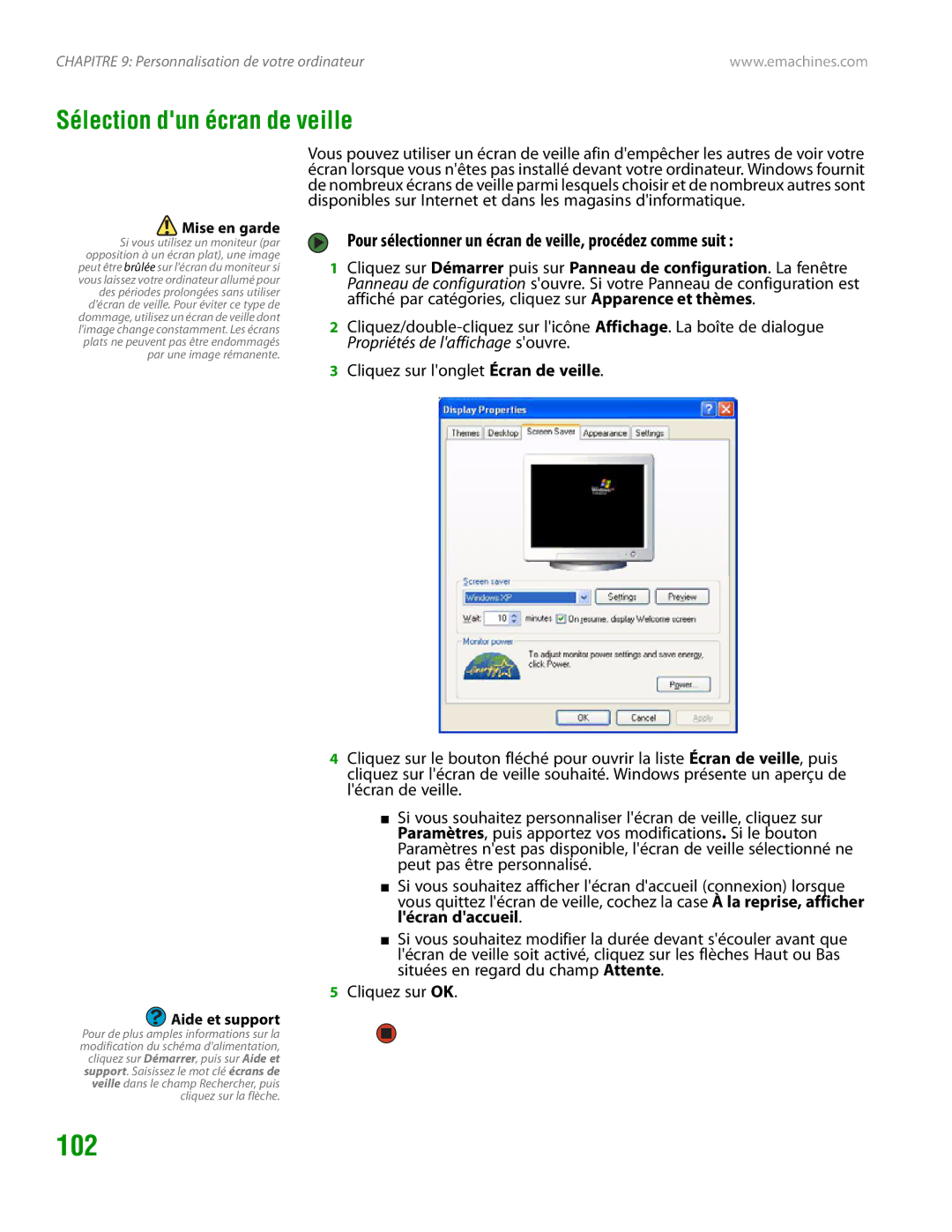 eMachines H3120 manual 102, Sélection dun écran de veille, Pour sélectionner un écran de veille, procédez comme suit 