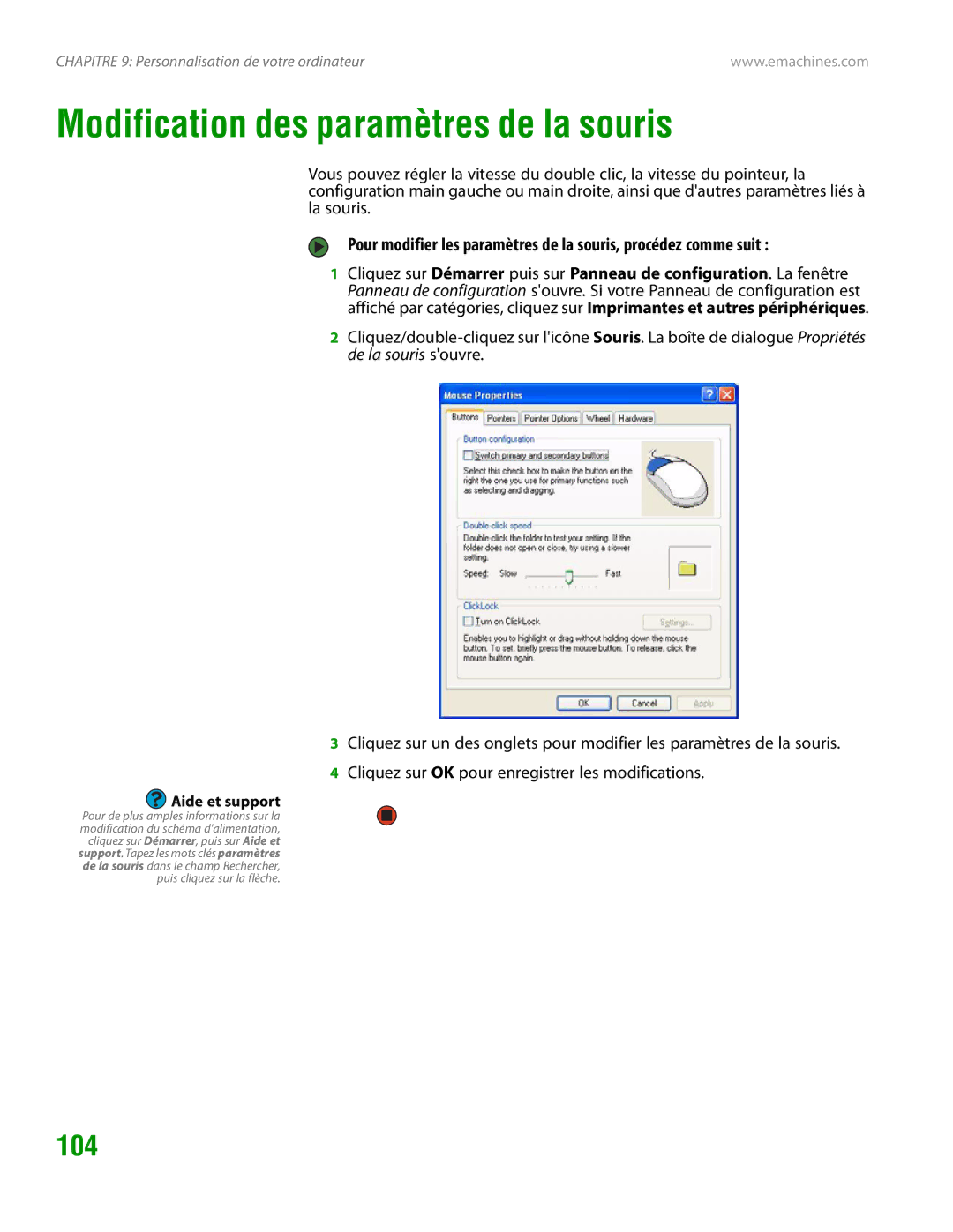 eMachines H3120 manual Modification des paramètres de la souris, 104 