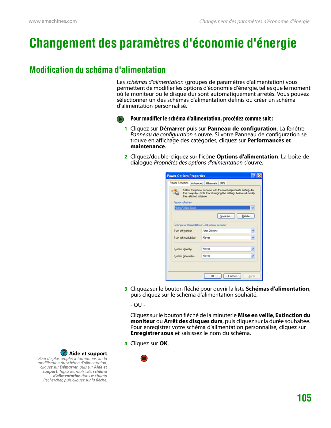 eMachines H3120 105, Modification du schéma dalimentation, Pour modifier le schéma dalimentation, procédez comme suit 