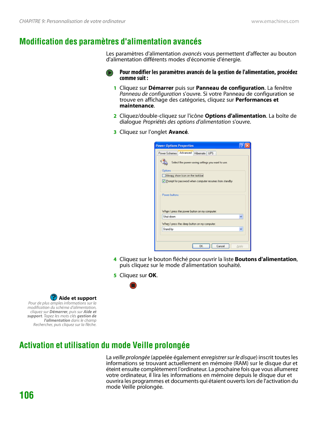 eMachines H3120 106, Modification des paramètres dalimentation avancés, Activation et utilisation du mode Veille prolongée 