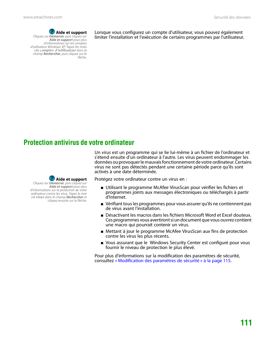 eMachines H3120 manual 111, Protection antivirus de votre ordinateur 