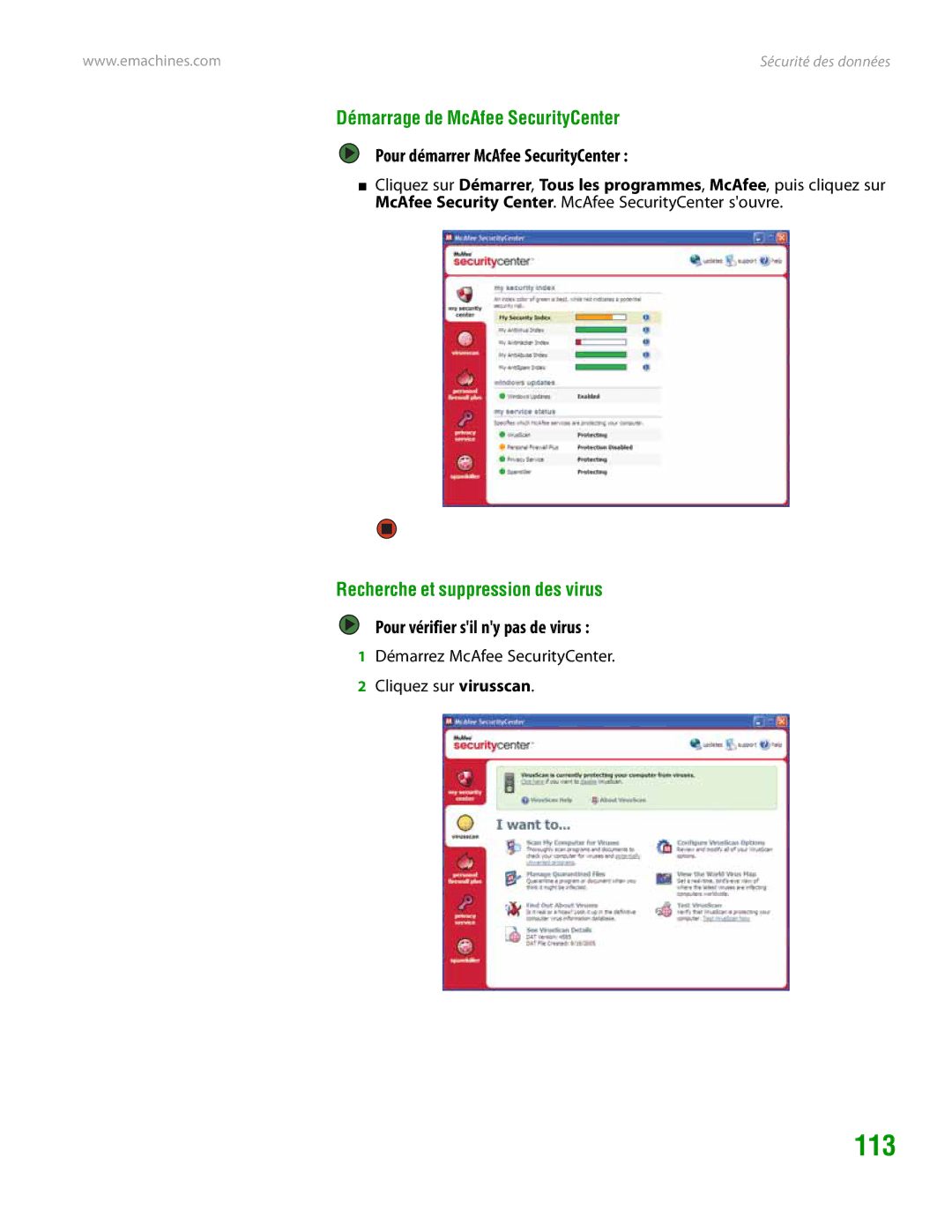 eMachines H3120 manual 113, Démarrage de McAfee SecurityCenter, Pour démarrer McAfee SecurityCenter 