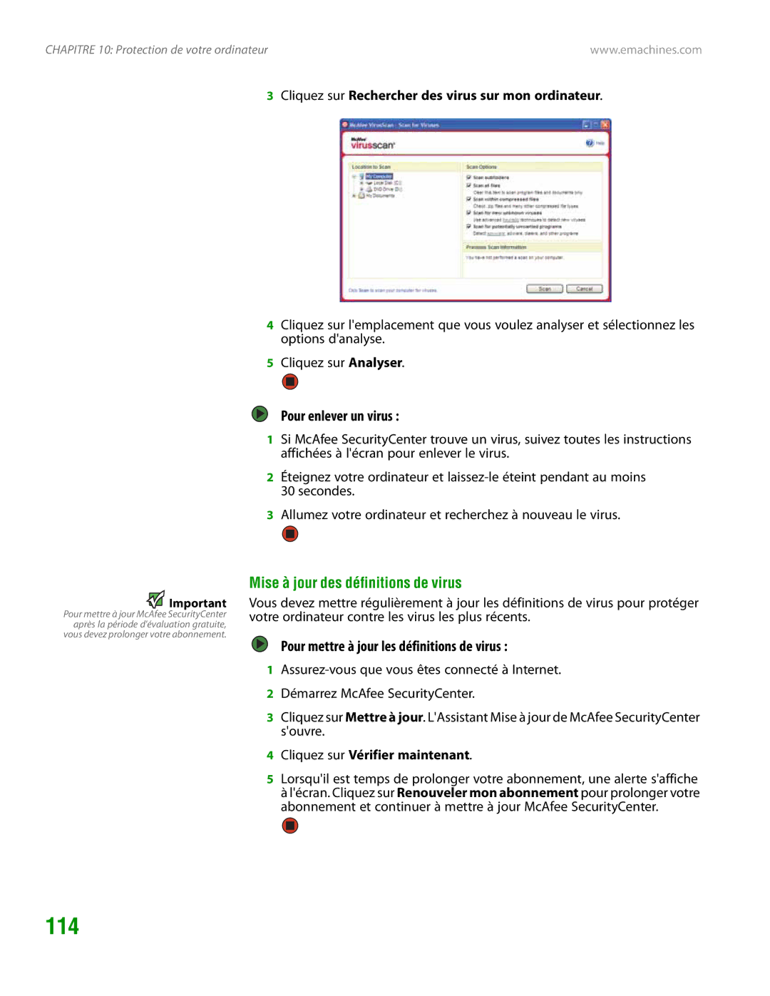 eMachines H3120 manual 114, Pour enlever un virus, Mise à jour des définitions de virus 