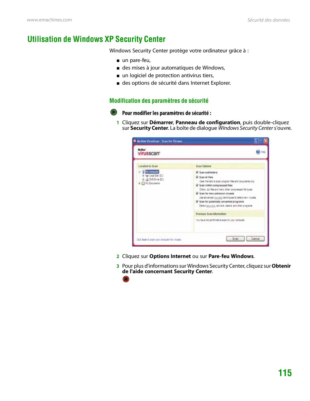 eMachines H3120 manual 115, Utilisation de Windows XP Security Center, Modification des paramètres de sécurité 