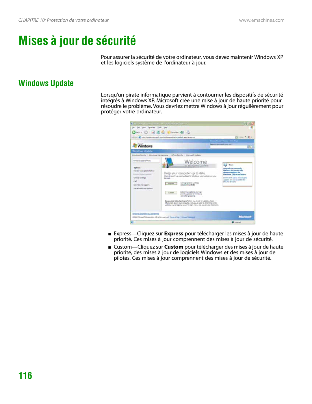 eMachines H3120 manual Mises à jour de sécurité, 116, Windows Update 