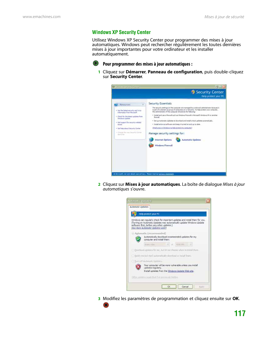 eMachines H3120 manual 117, Windows XP Security Center, Pour programmer des mises à jour automatiques 