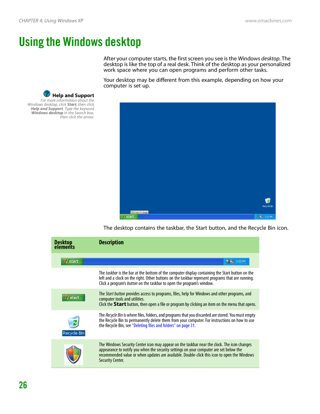 eMachines H3120 manual Using the Windows desktop, Desktop Description elements 