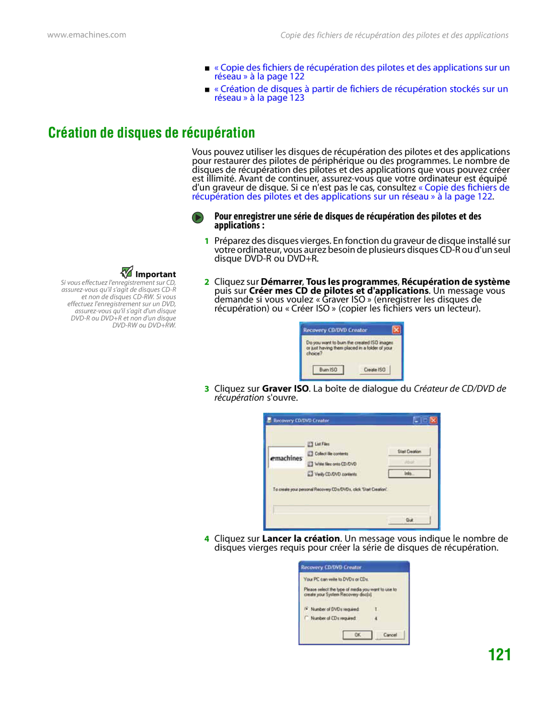 eMachines H3120 manual 121, Création de disques de récupération 