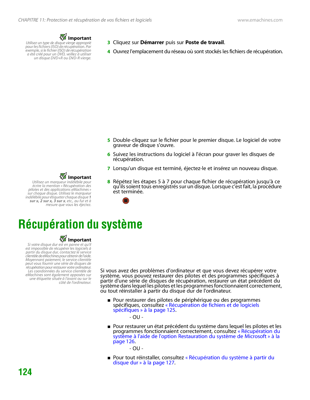 eMachines H3120 manual Récupération du système, 124 