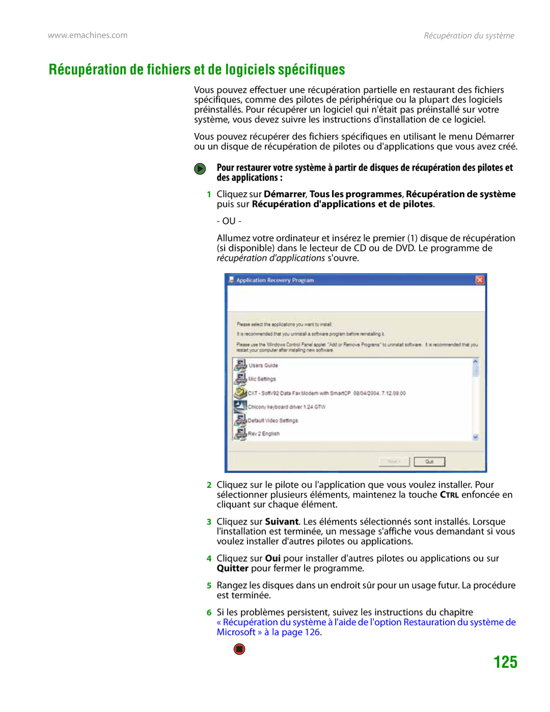 eMachines H3120 manual 125, Récupération de fichiers et de logiciels spécifiques 