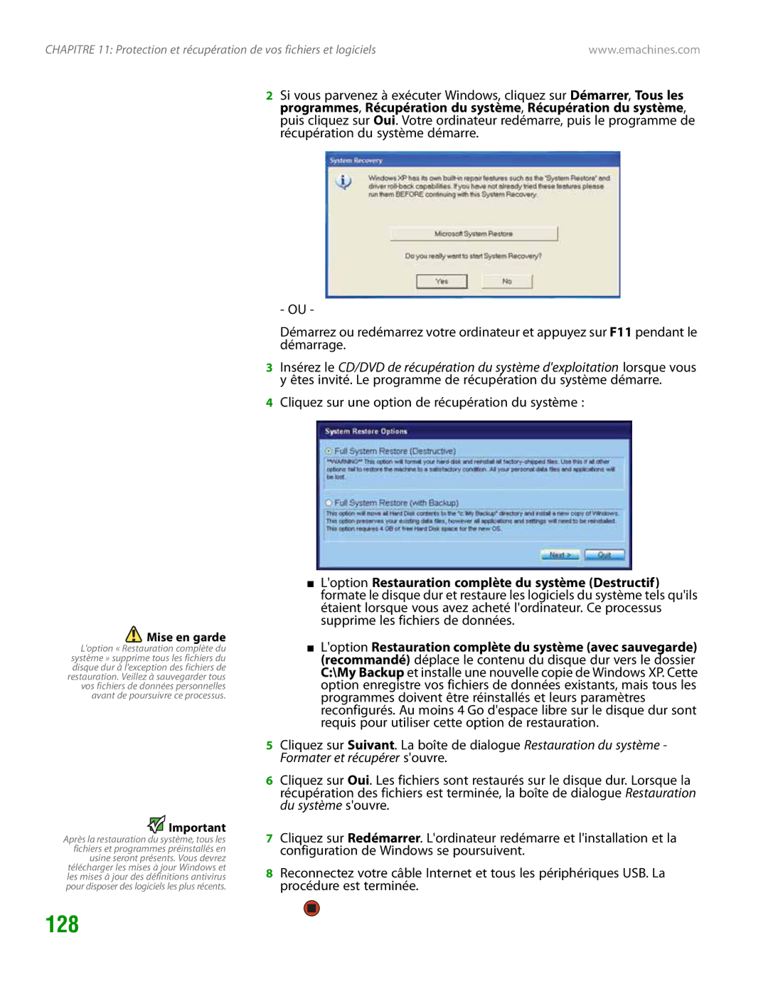 eMachines H3120 manual 128, Cliquez sur une option de récupération du système 