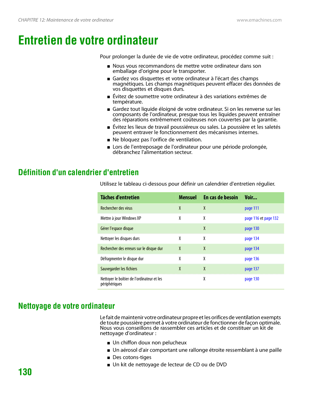 eMachines H3120 Entretien de votre ordinateur, 130, Définition dun calendrier dentretien, Nettoyage de votre ordinateur 