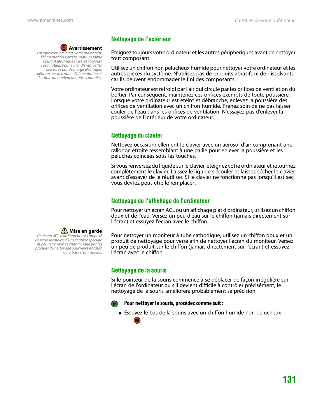 eMachines H3120 manual 131, Nettoyage de lextérieur, Nettoyage du clavier, Nettoyage de laffichage de lordinateur 