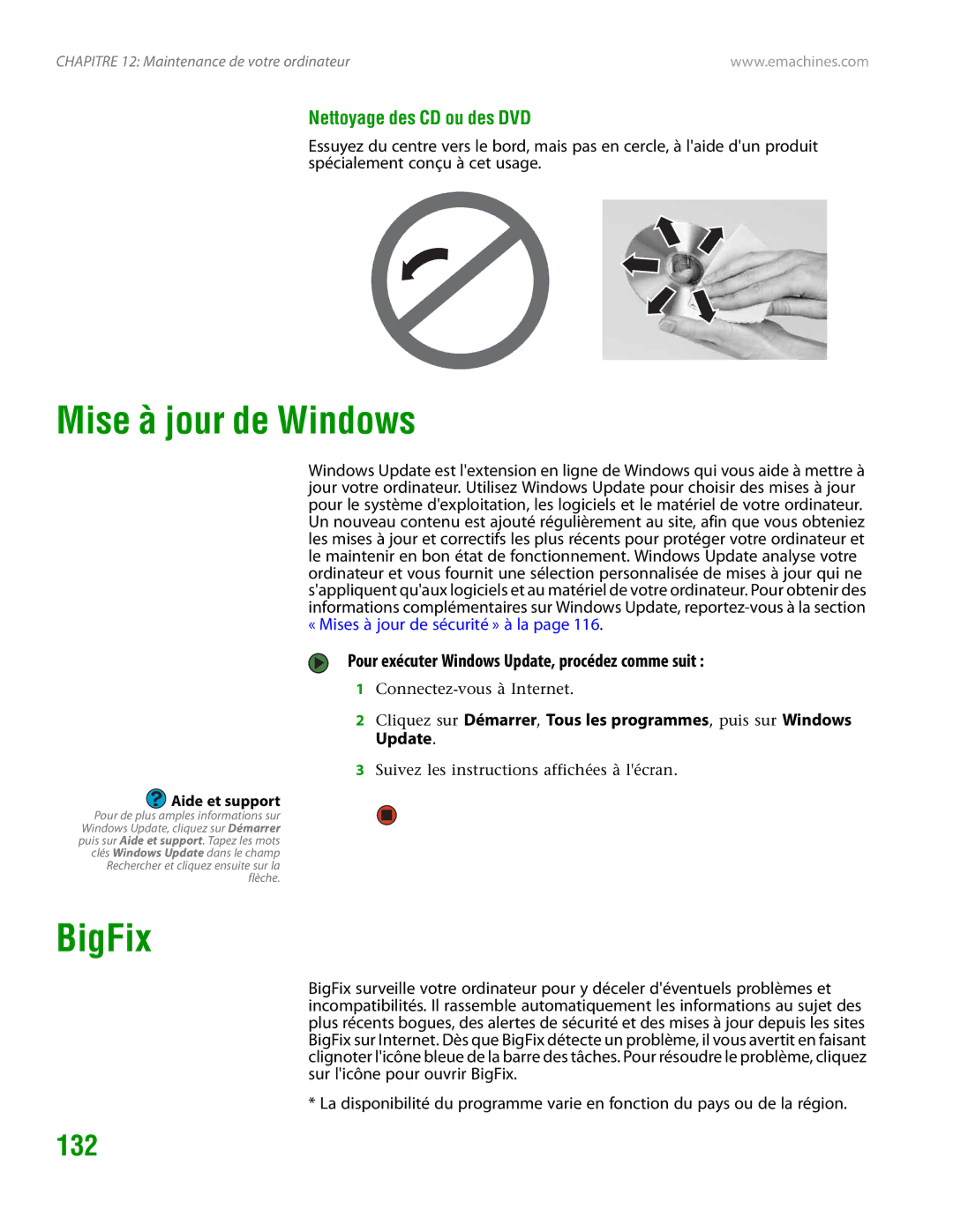 eMachines H3120 manual Mise à jour de Windows, BigFix, 132, Nettoyage des CD ou des DVD 
