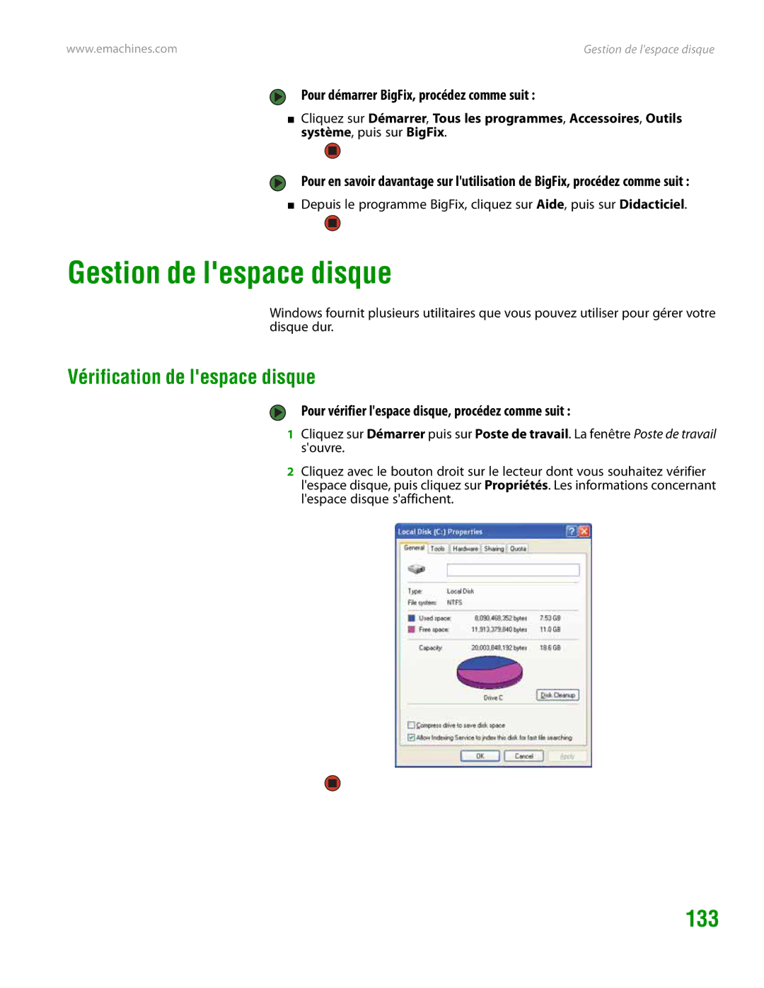 eMachines H3120 Gestion de lespace disque, 133, Vérification de lespace disque, Pour démarrer BigFix, procédez comme suit 