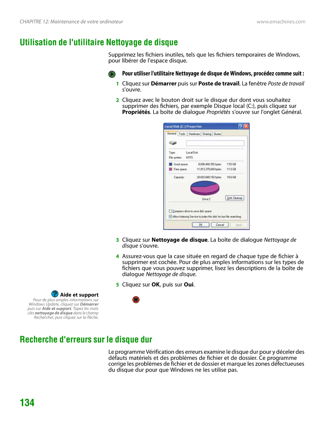 eMachines H3120 manual 134, Utilisation de lutilitaire Nettoyage de disque, Recherche derreurs sur le disque dur 