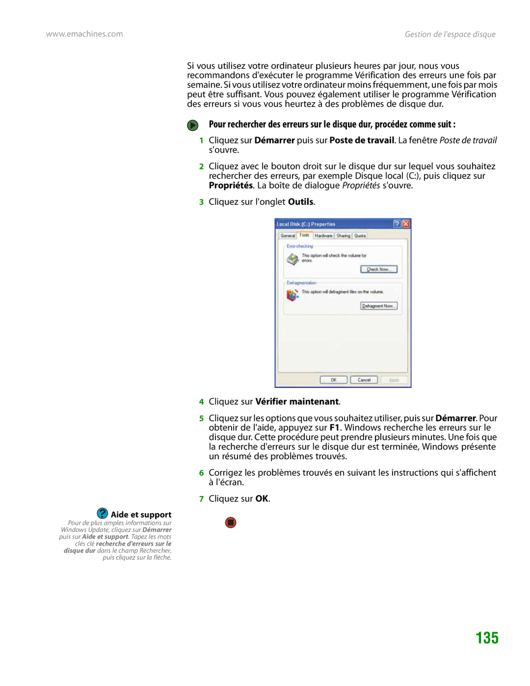 eMachines H3120 manual 135, Cliquez sur Vérifier maintenant 