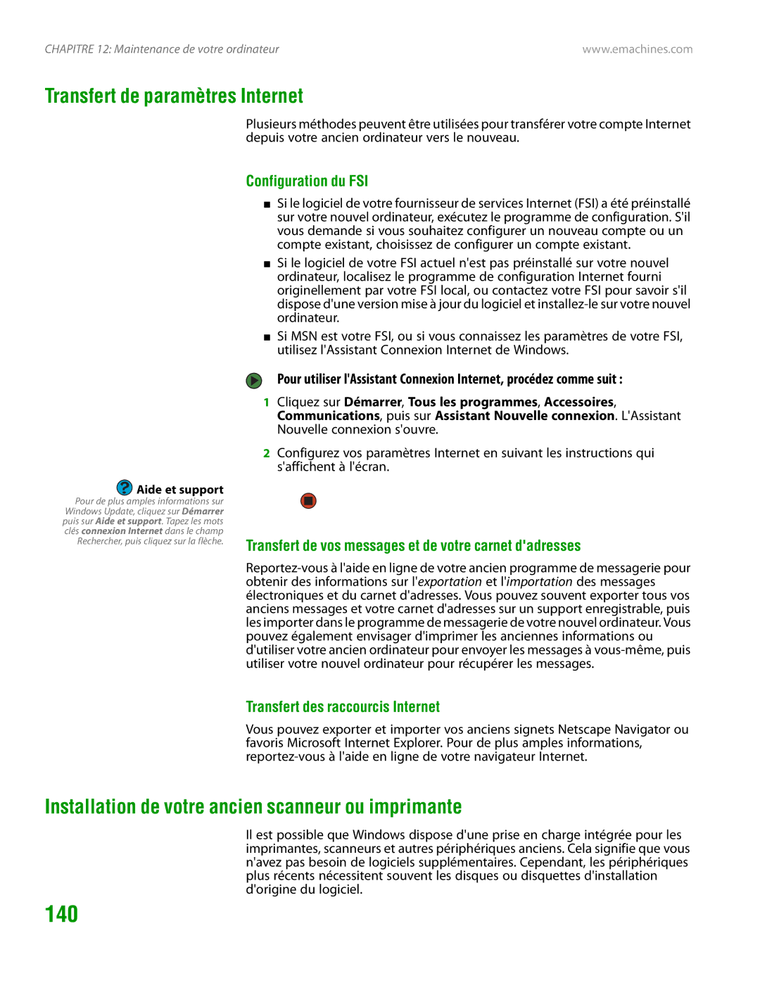 eMachines H3120 manual 140, Transfert de paramètres Internet, Installation de votre ancien scanneur ou imprimante 