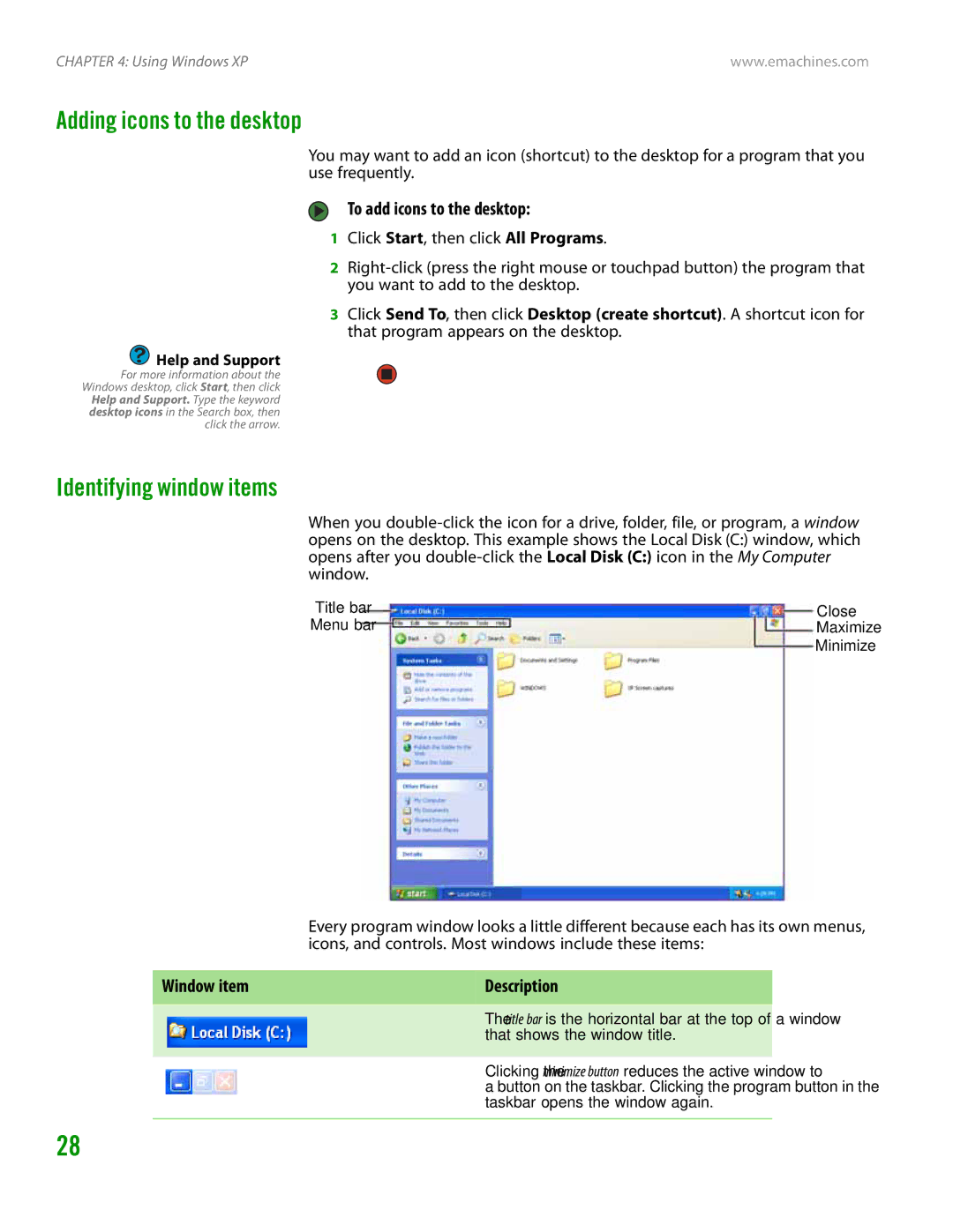 eMachines H3120 manual Adding icons to the desktop, Identifying window items, To add icons to the desktop 