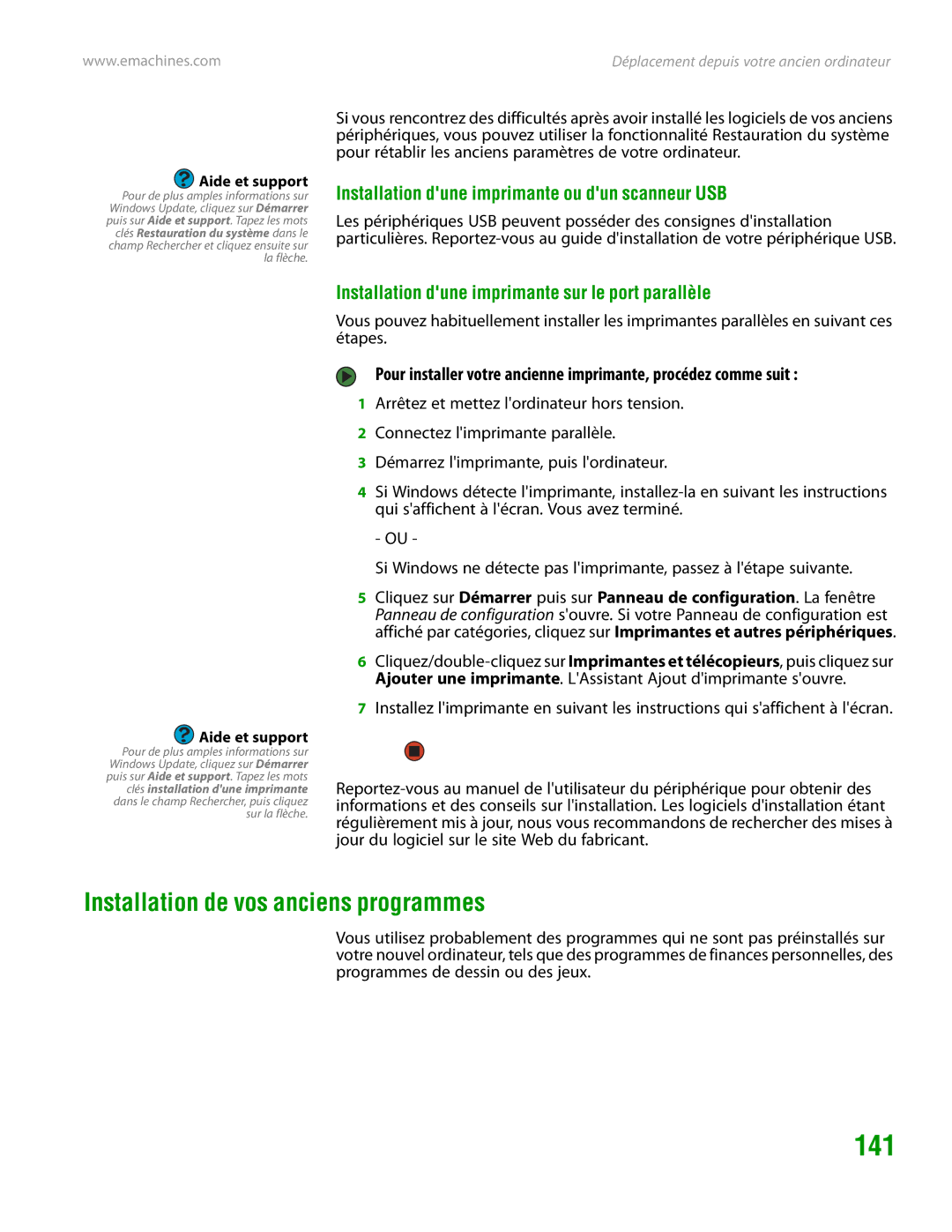 eMachines H3120 manual 141, Installation de vos anciens programmes, Installation dune imprimante ou dun scanneur USB 