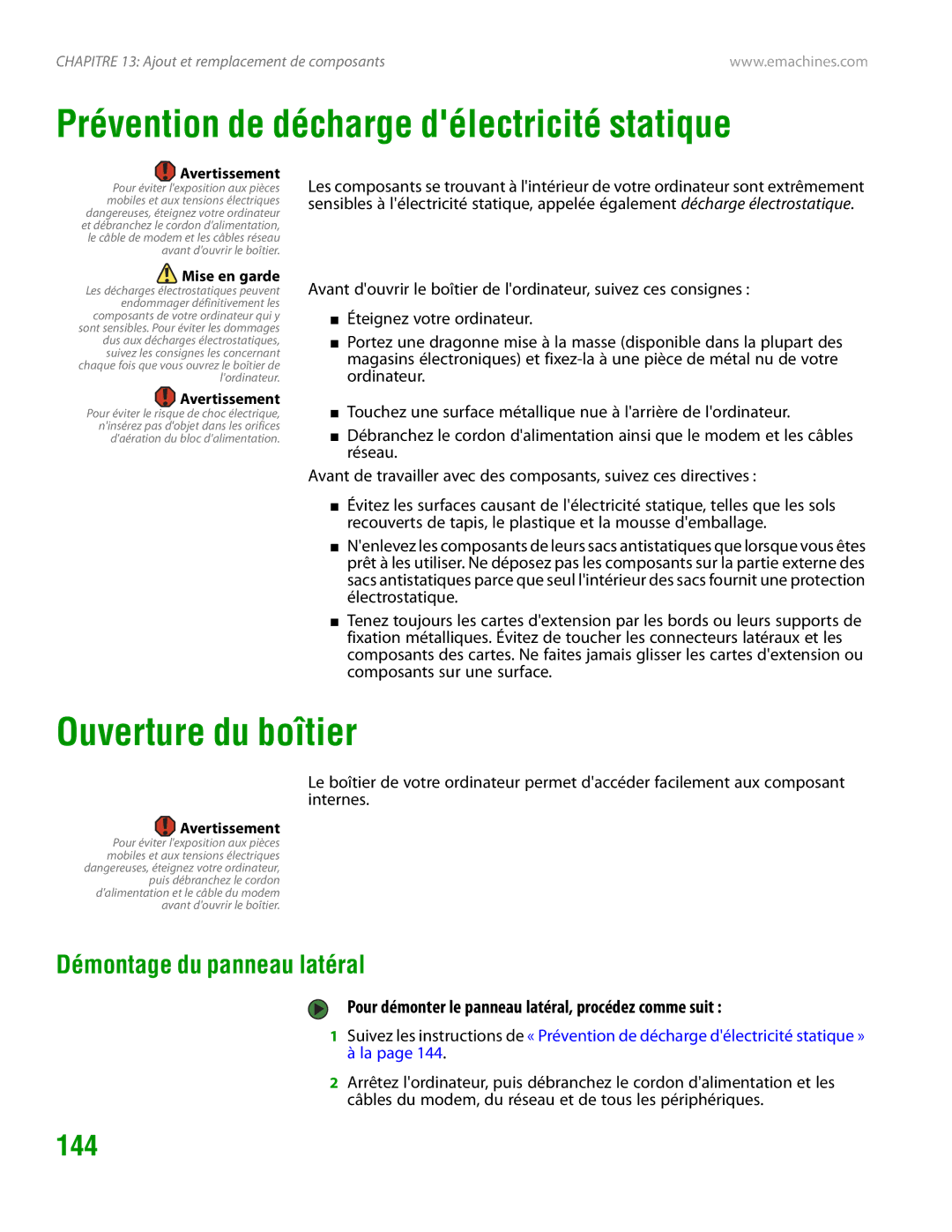 eMachines H3120 Prévention de décharge délectricité statique, Ouverture du boîtier, 144, Démontage du panneau latéral 