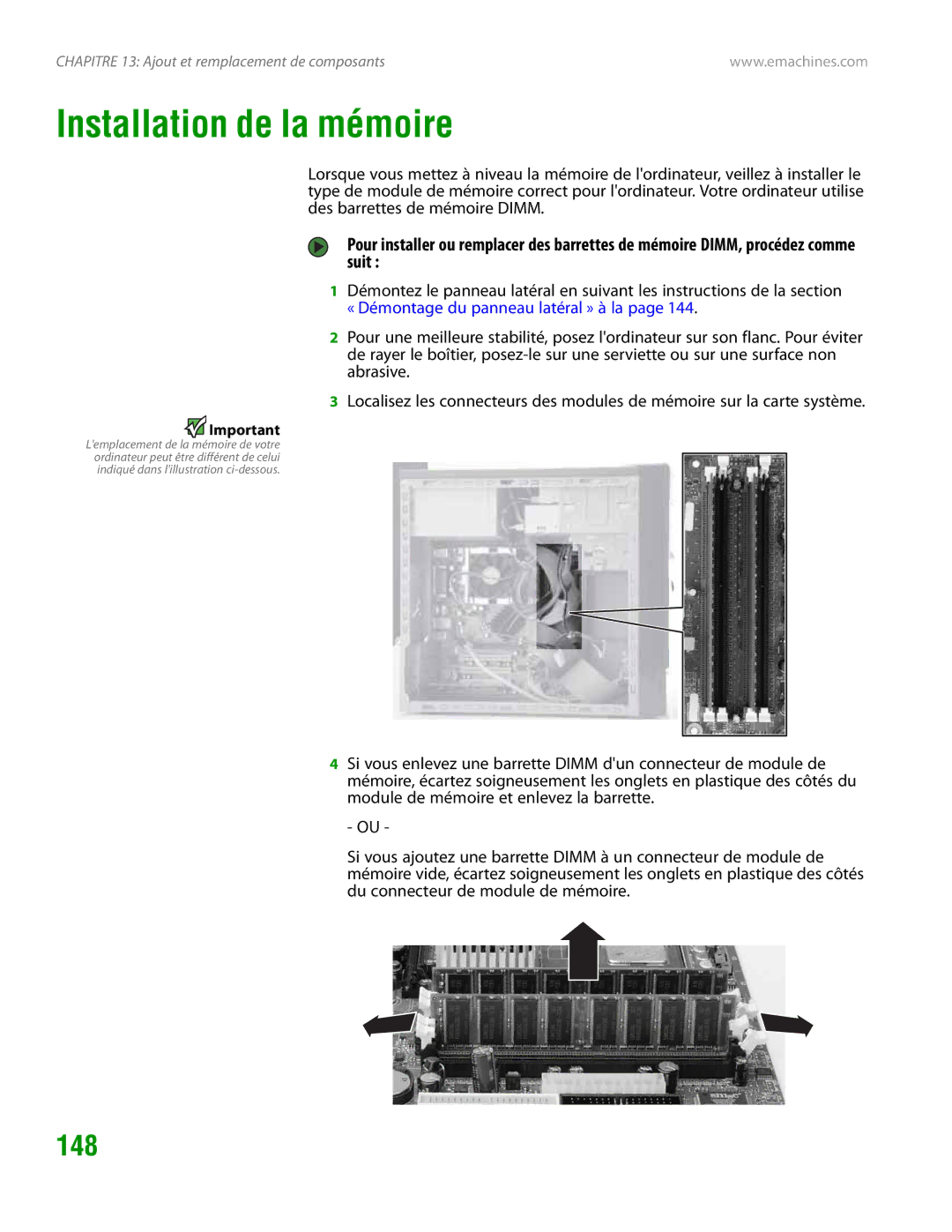 eMachines H3120 manual Installation de la mémoire, 148 