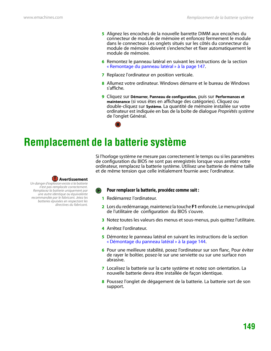 eMachines H3120 manual Remplacement de la batterie système, 149, Pour remplacer la batterie, procédez comme suit 