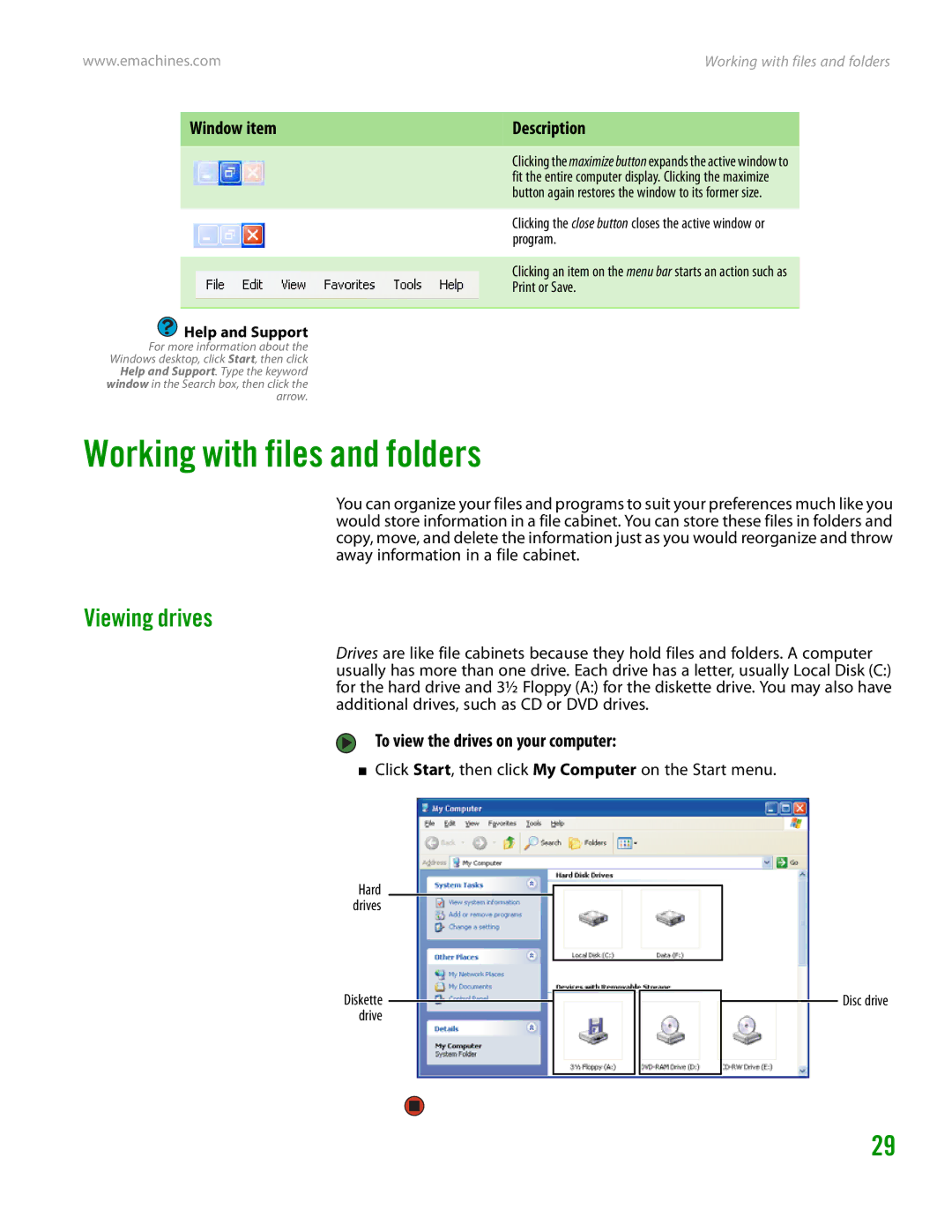 eMachines H3120 manual Working with files and folders, Viewing drives, To view the drives on your computer 