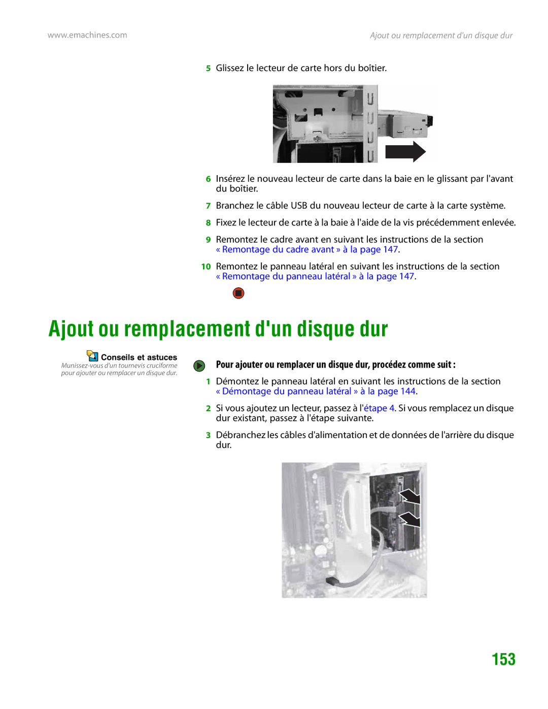 eMachines H3120 manual Ajout ou remplacement dun disque dur, 153 