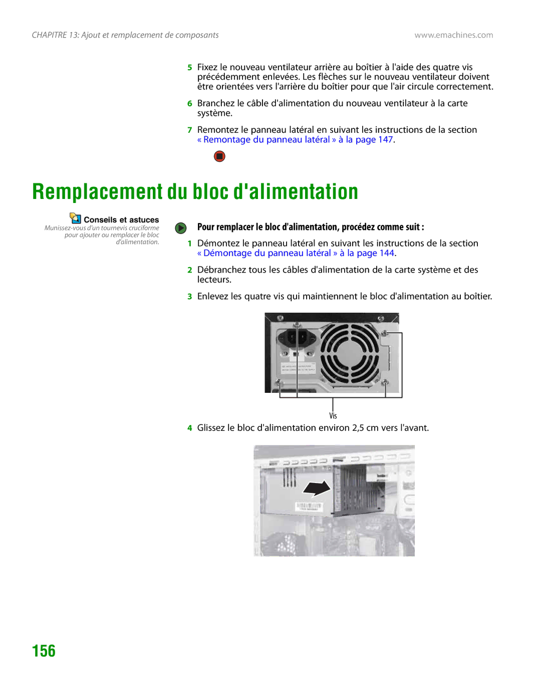 eMachines H3120 manual Remplacement du bloc dalimentation, 156, Pour remplacer le bloc dalimentation, procédez comme suit 