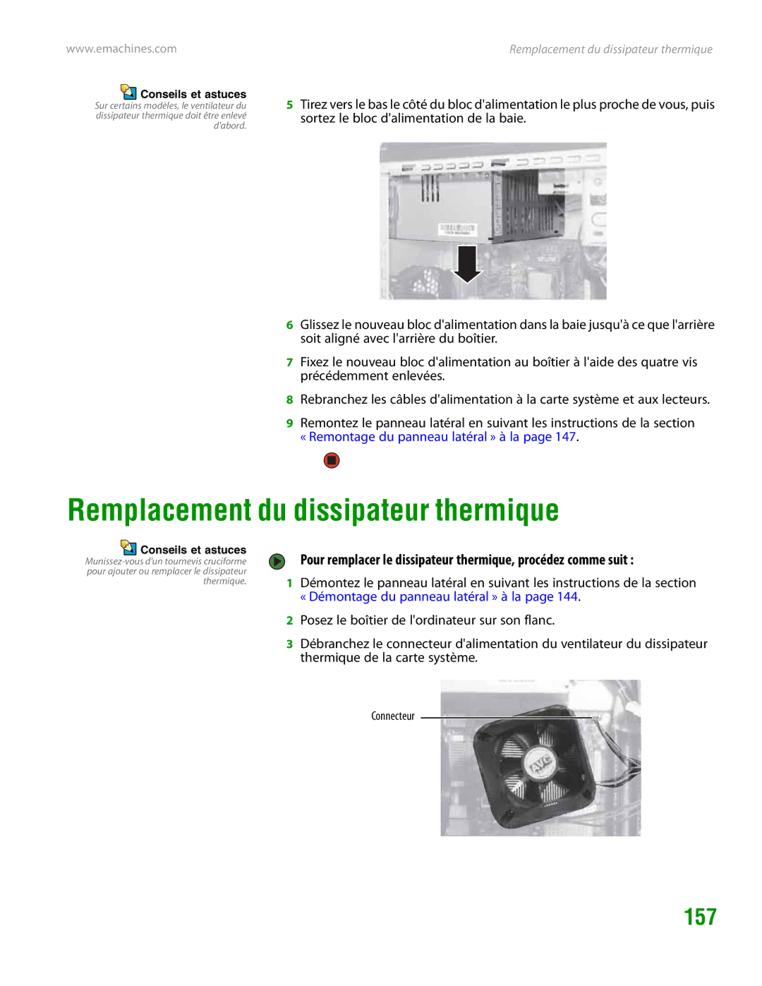 eMachines H3120 manual Remplacement du dissipateur thermique, 157, Connecteur 