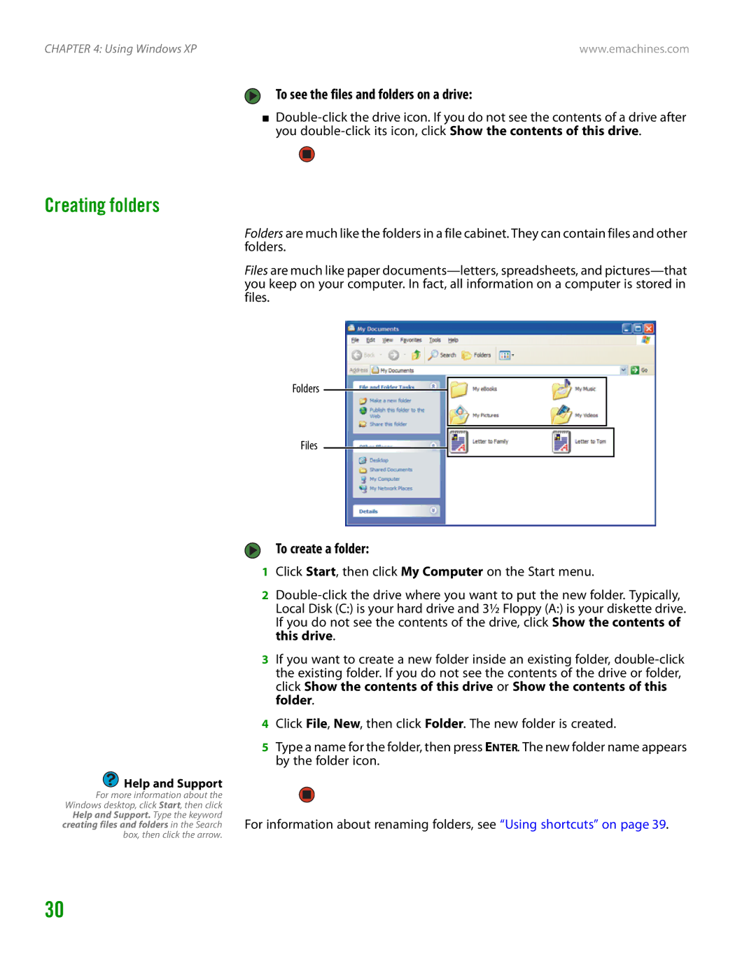 eMachines H3120 manual Creating folders, To see the files and folders on a drive, To create a folder, Folders Files 