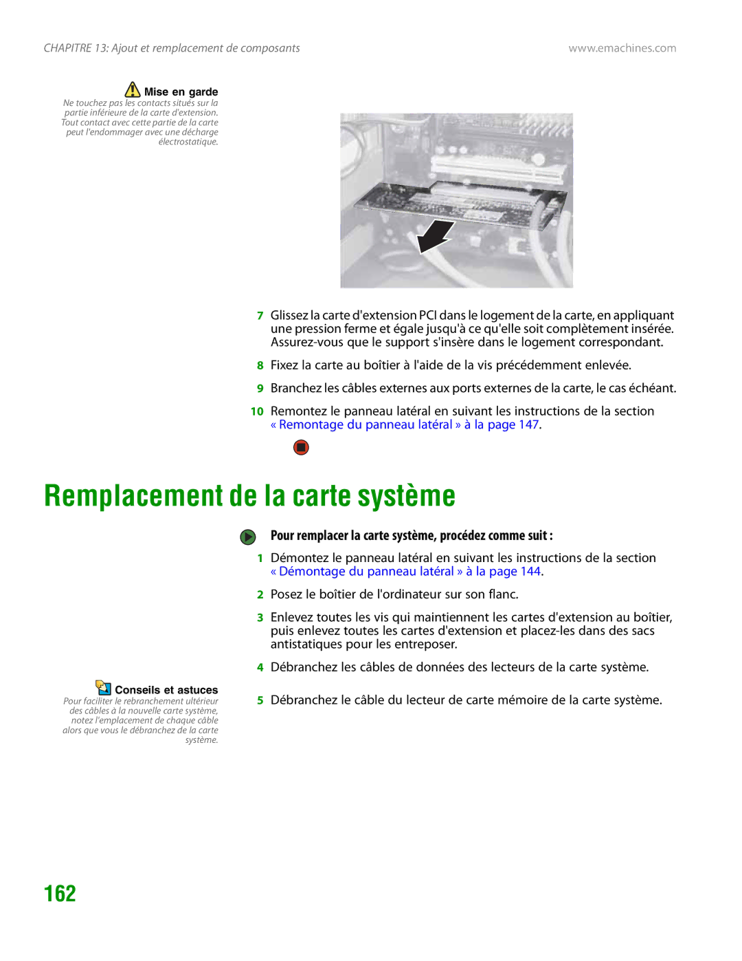 eMachines H3120 manual Remplacement de la carte système, 162, Pour remplacer la carte système, procédez comme suit 