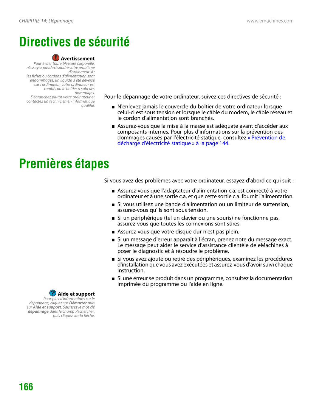 eMachines H3120 manual Directives de sécurité, Premières étapes, 166 