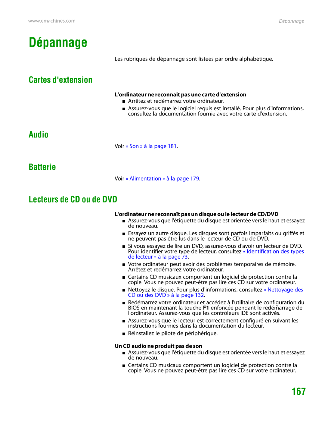 eMachines H3120 manual Dépannage, 167 