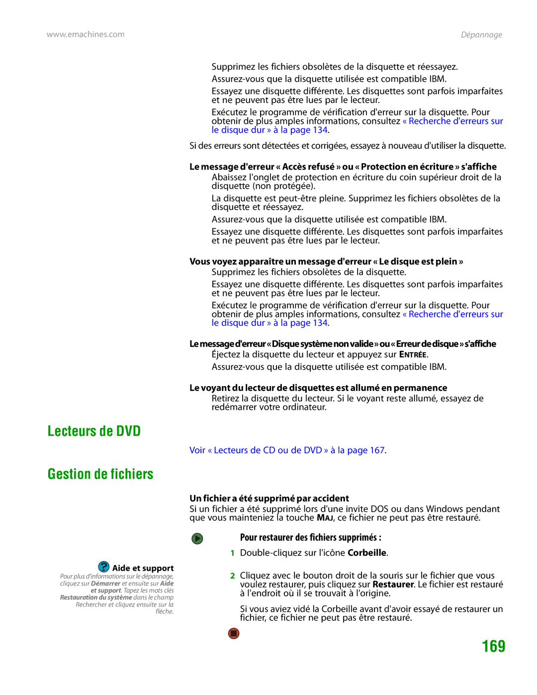 eMachines H3120 manual 169, Lecteurs de DVD, Gestion de fichiers, Pour restaurer des fichiers supprimés 