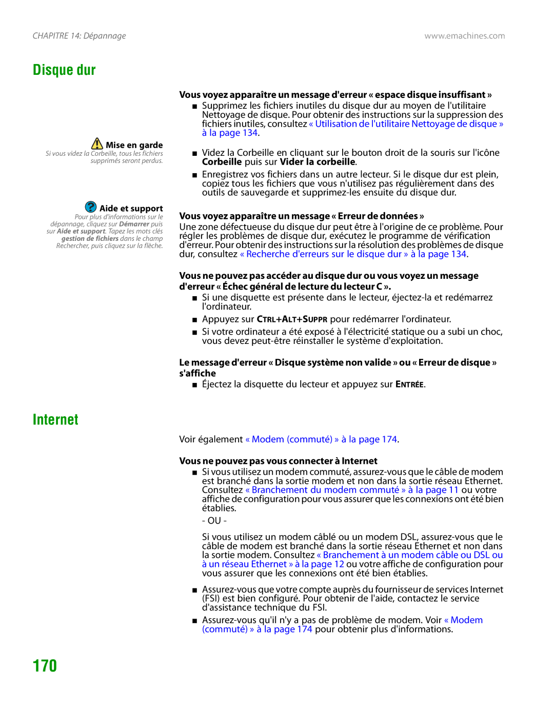 eMachines H3120 manual 170, Disque dur, Internet, Vous voyez apparaître un message « Erreur de données » 